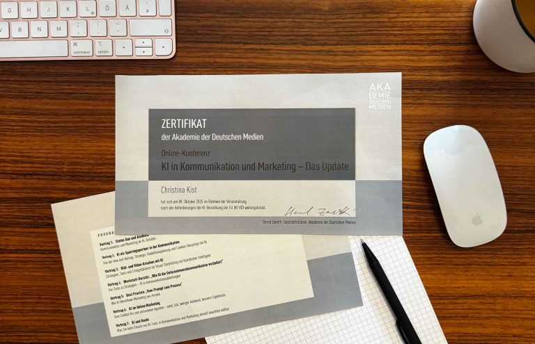 Zertifikat zur Online-Konferenz „KI in Kommunikation und Marketing – Das Update“ der Akademie der Deutschen Medien